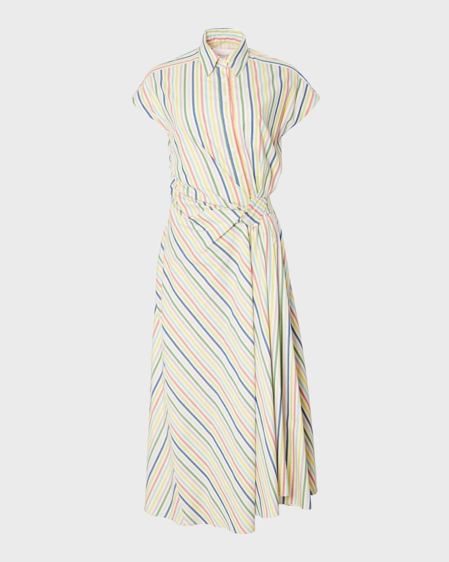 Striped Twisted-Knot Cap-Sleeve Midi Shirtdress